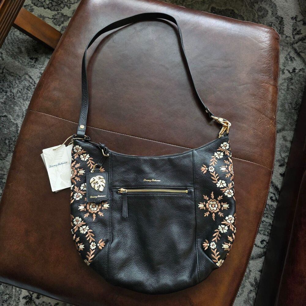 Tommy Bahama La Jolla Hobo Purse Bag TB1174 Black Leather Floral Embroidery NWT